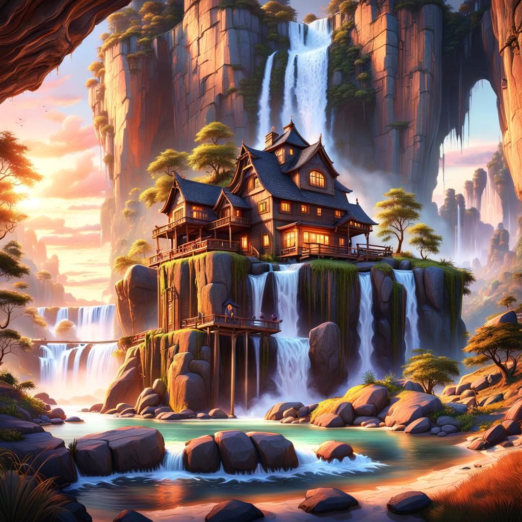 Fantasy Wooden House by Waterfall, Digital Art
