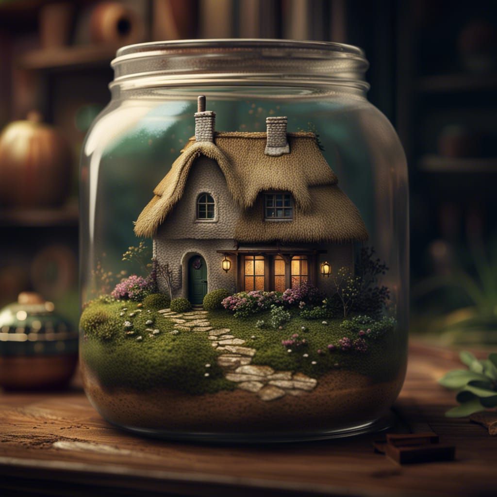 Miniature Cottage in Mason Jar: Digital Matte Painting