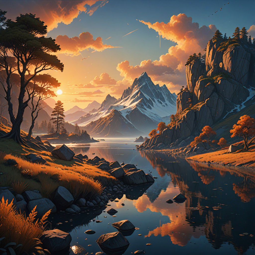 Serene Bay Sunset in Mystical Dreamworld