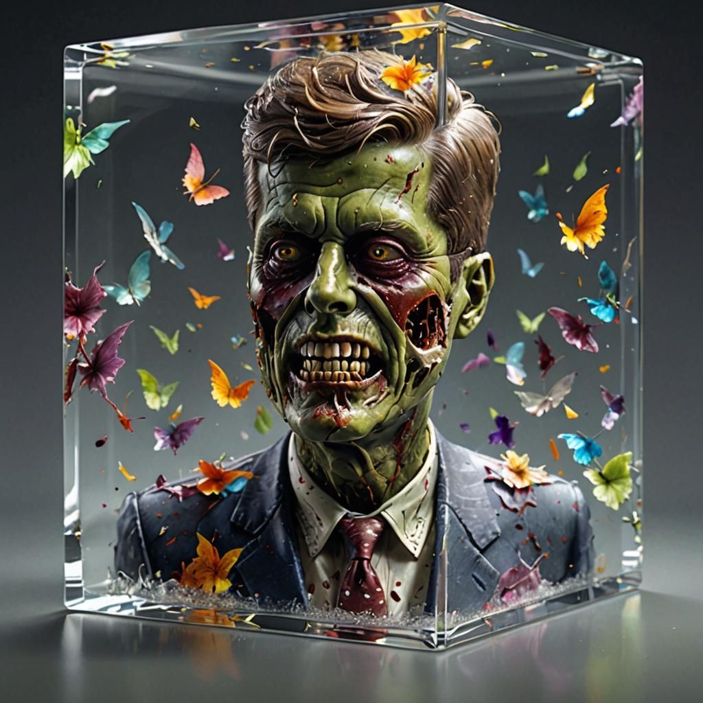 Zombie JFK in Crystal Cube: Hyperrealistic Digital Art