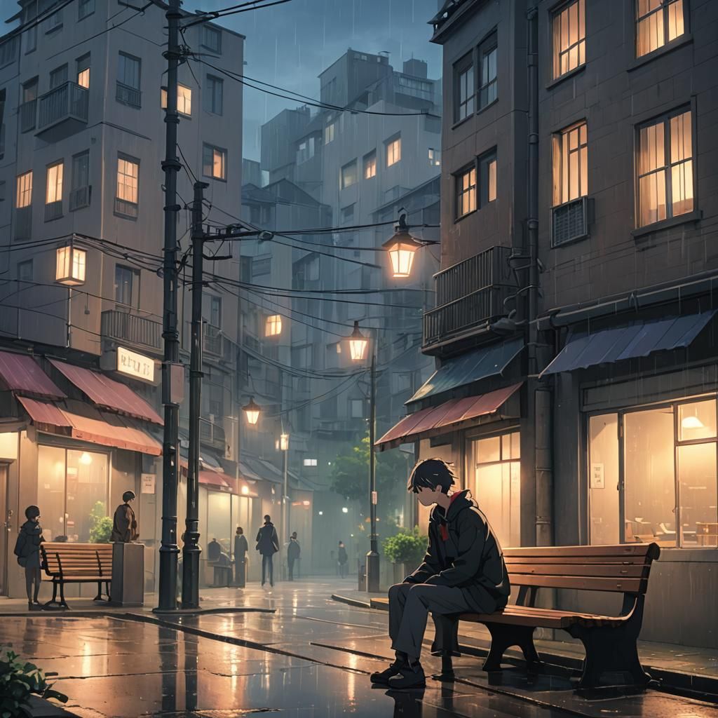 Melancholy Anime Scene on Rainy City Street