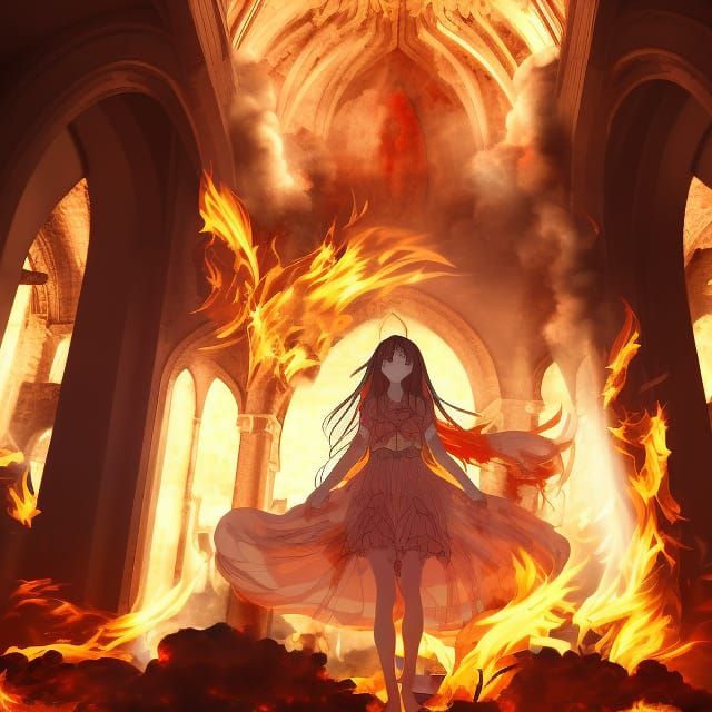 Anime Fire Goddess in Abandoned Cathedral