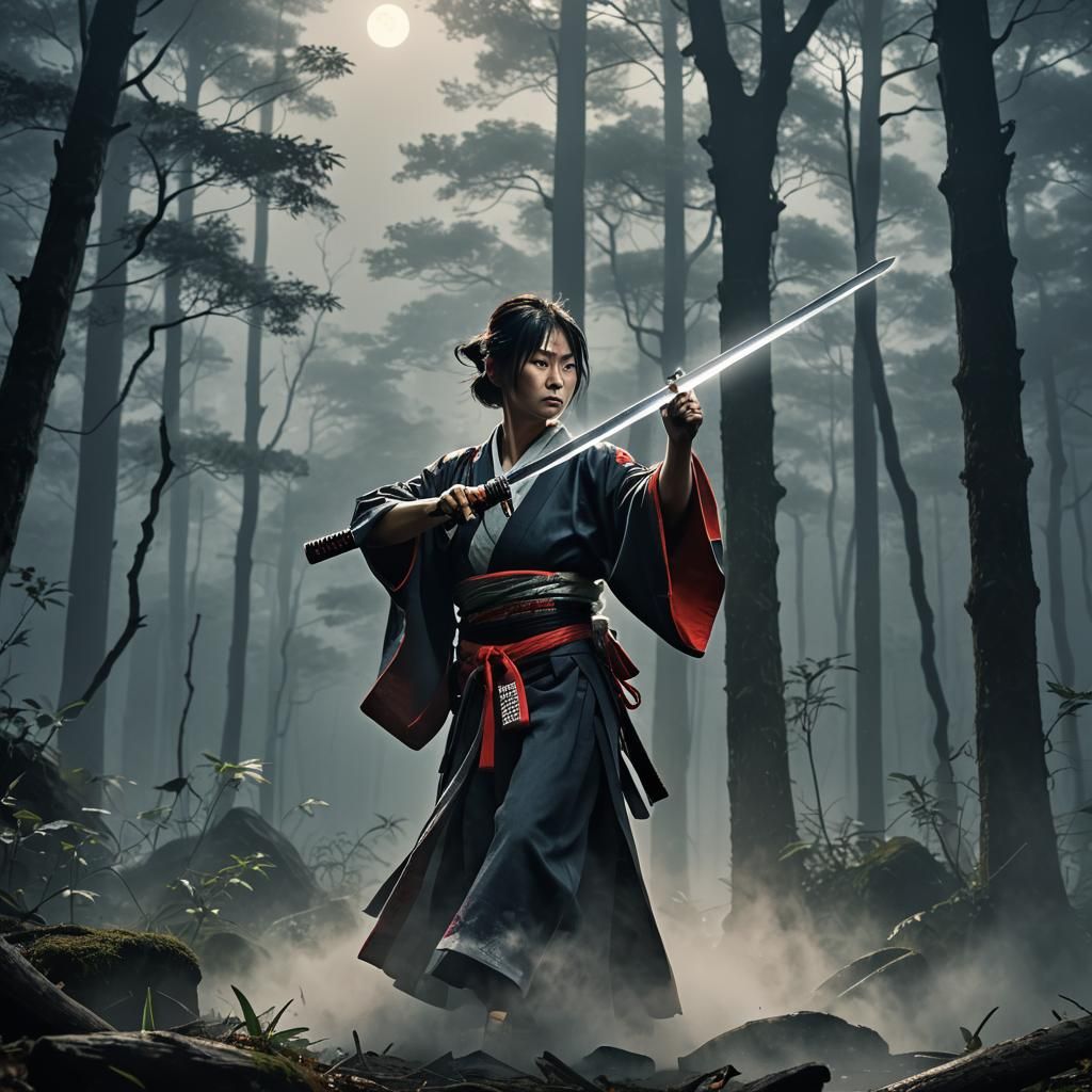 Samurai Sword Training in Misty Forest