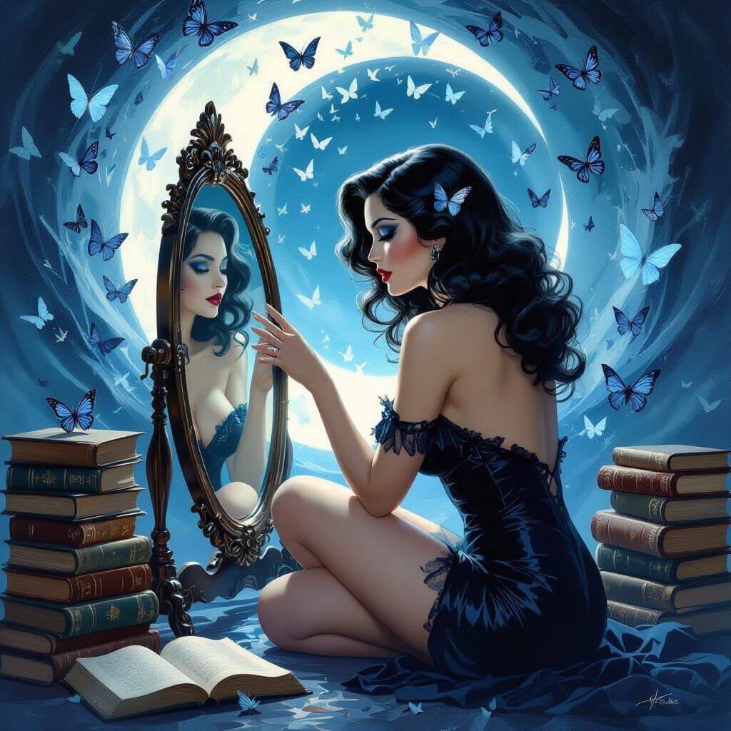 Mystical Pinup Figure Gazes into Mirror by Moonlight