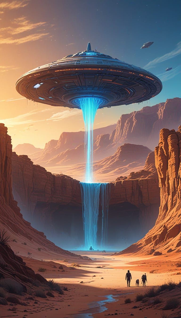 UFO Waterfall over Desert, Comic Book Art