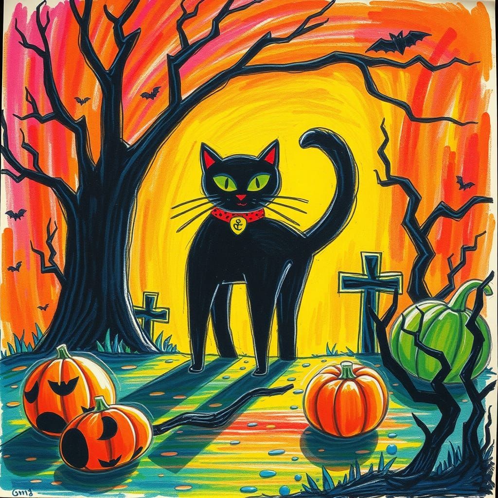 Surreal Halloween Crayon Drawing with Black Cat