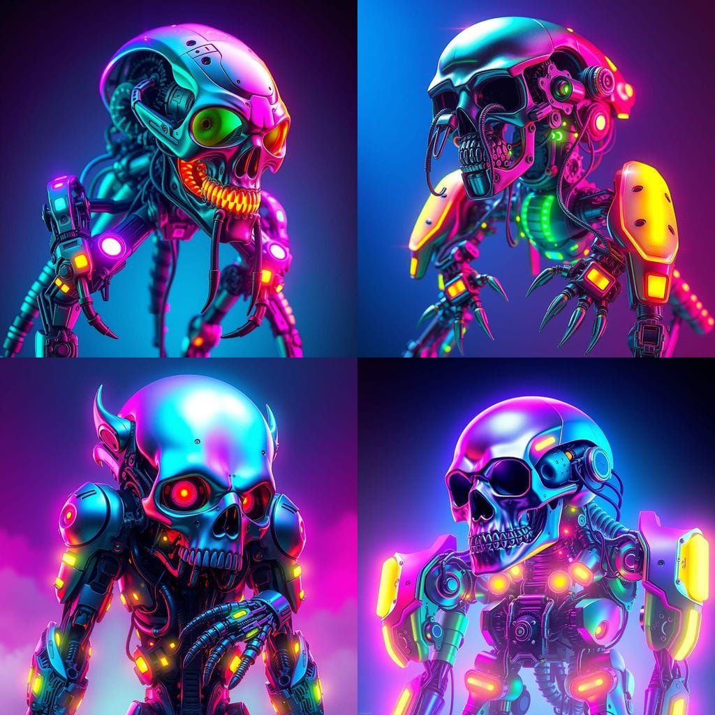 Surreal Biomechanical Skull Creature with Neon Armor