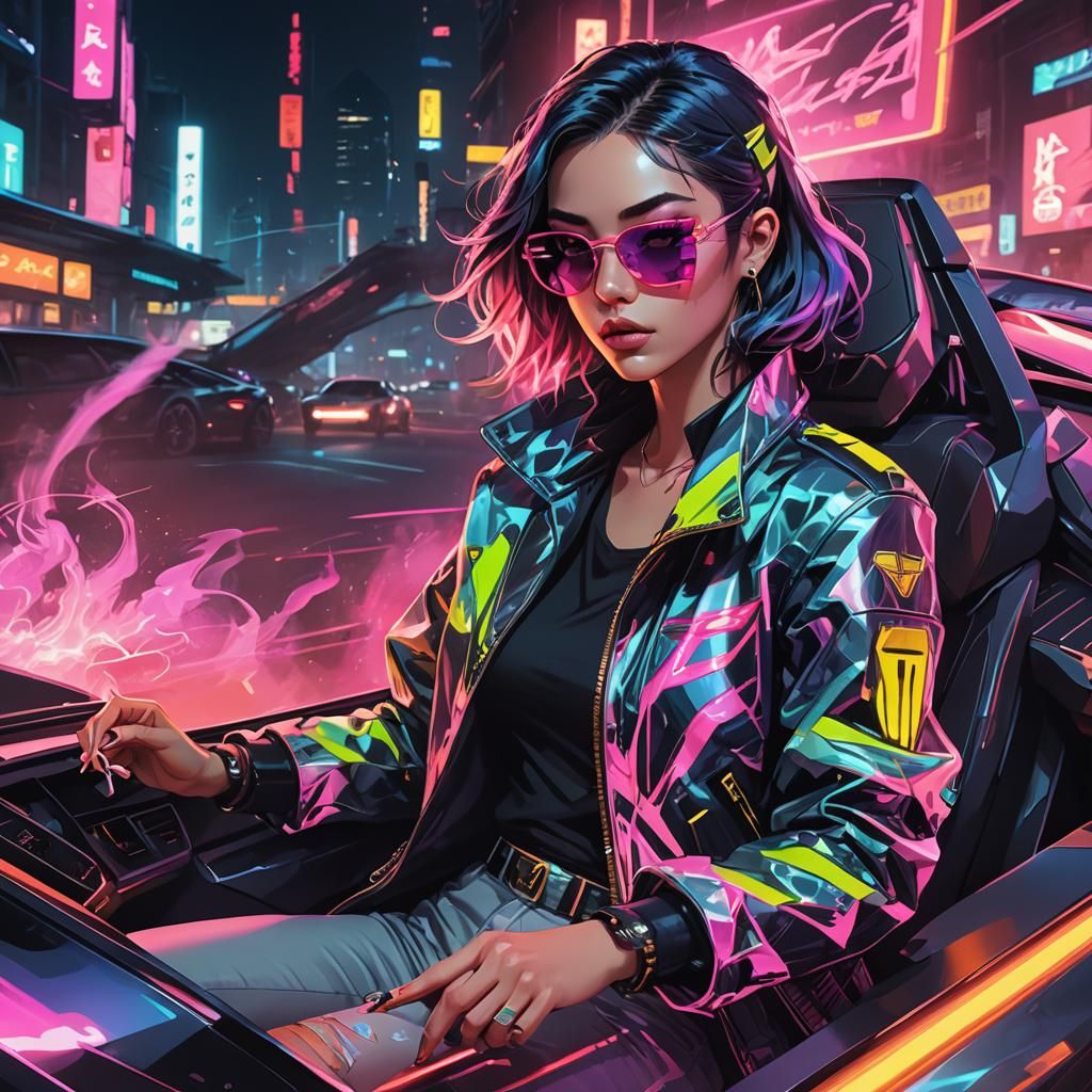 Cyberpunk Girl in Neon Lamborghini, Anime Style