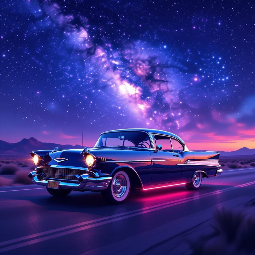 Retro-Futuristic 1957 Chevy Cruises Desert Highway Under Sta...