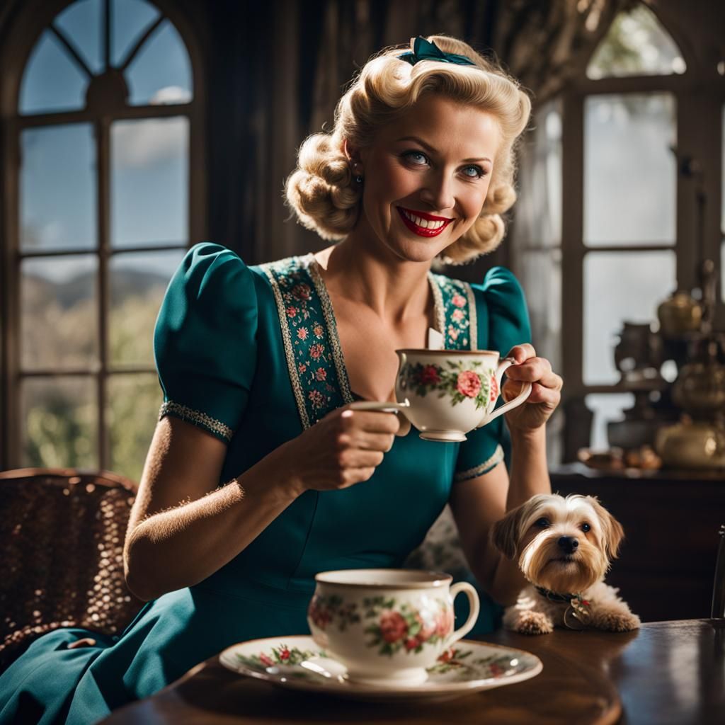 Vintage Woman with Aussiepoo Drinking Tea