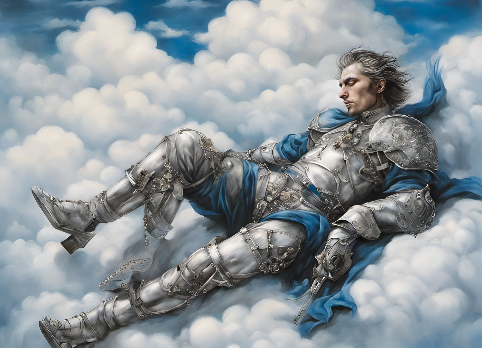 Knight Asleep on Clouds in Airbrush Fantasy Art