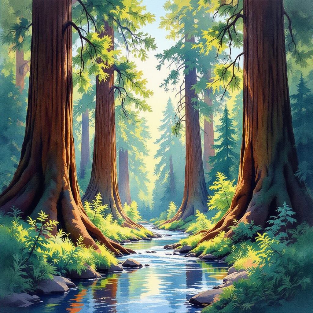 Majestic Redwood National Park Watercolor Painting