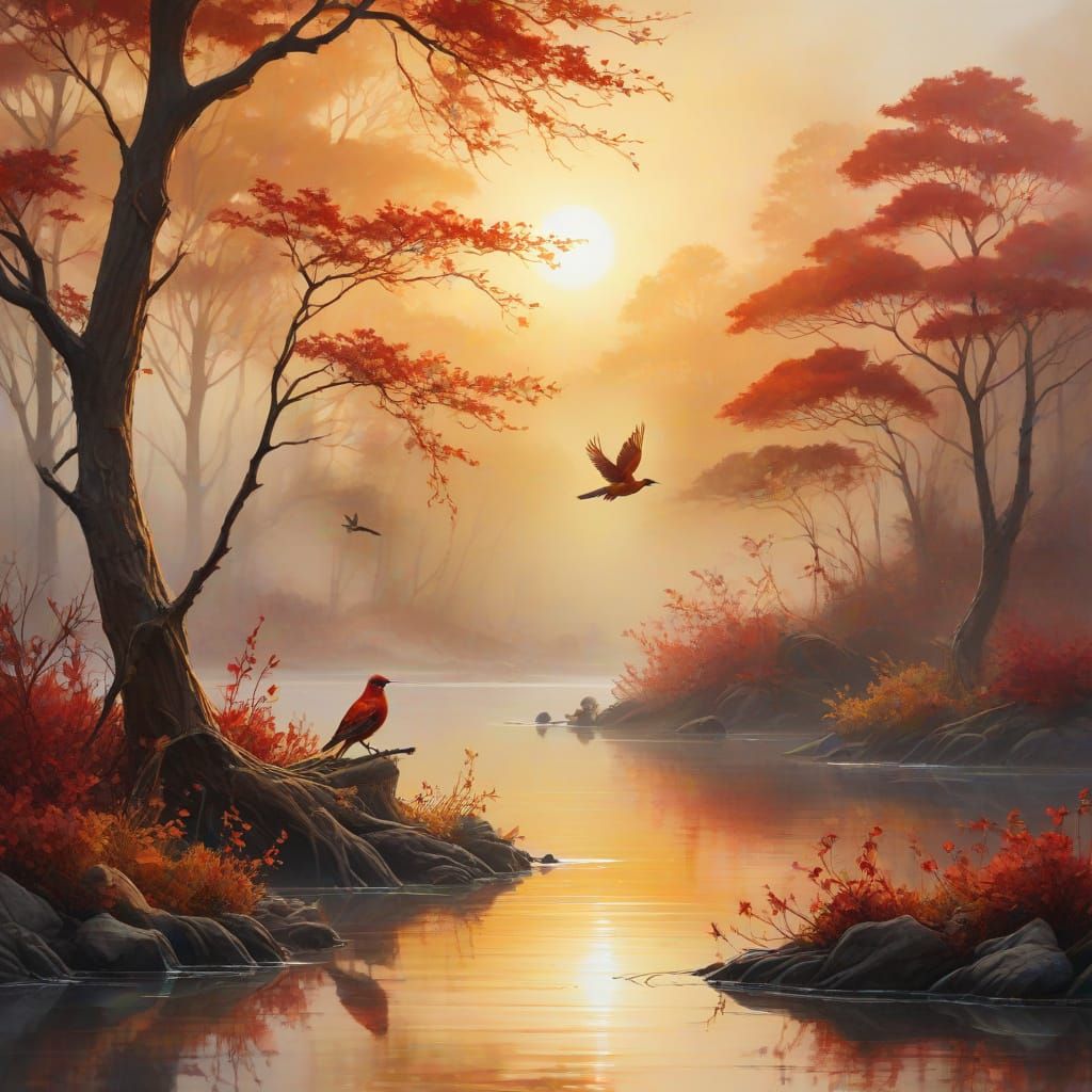 Ethereal Red Fantasy Birds Rise from Misty Lake
