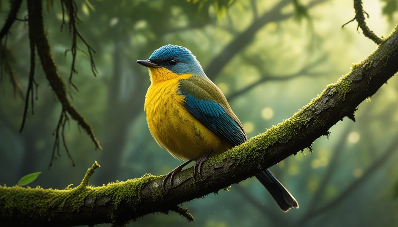 Yellow-bellied Flyrobin in Vibrant Forest, Splash Art Style