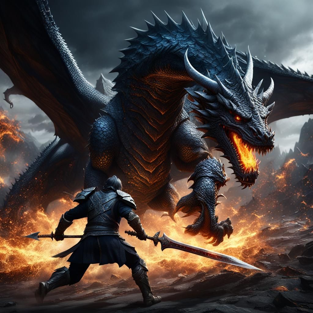 Warrior Charges Black Dragon in Detailed Matte Painting