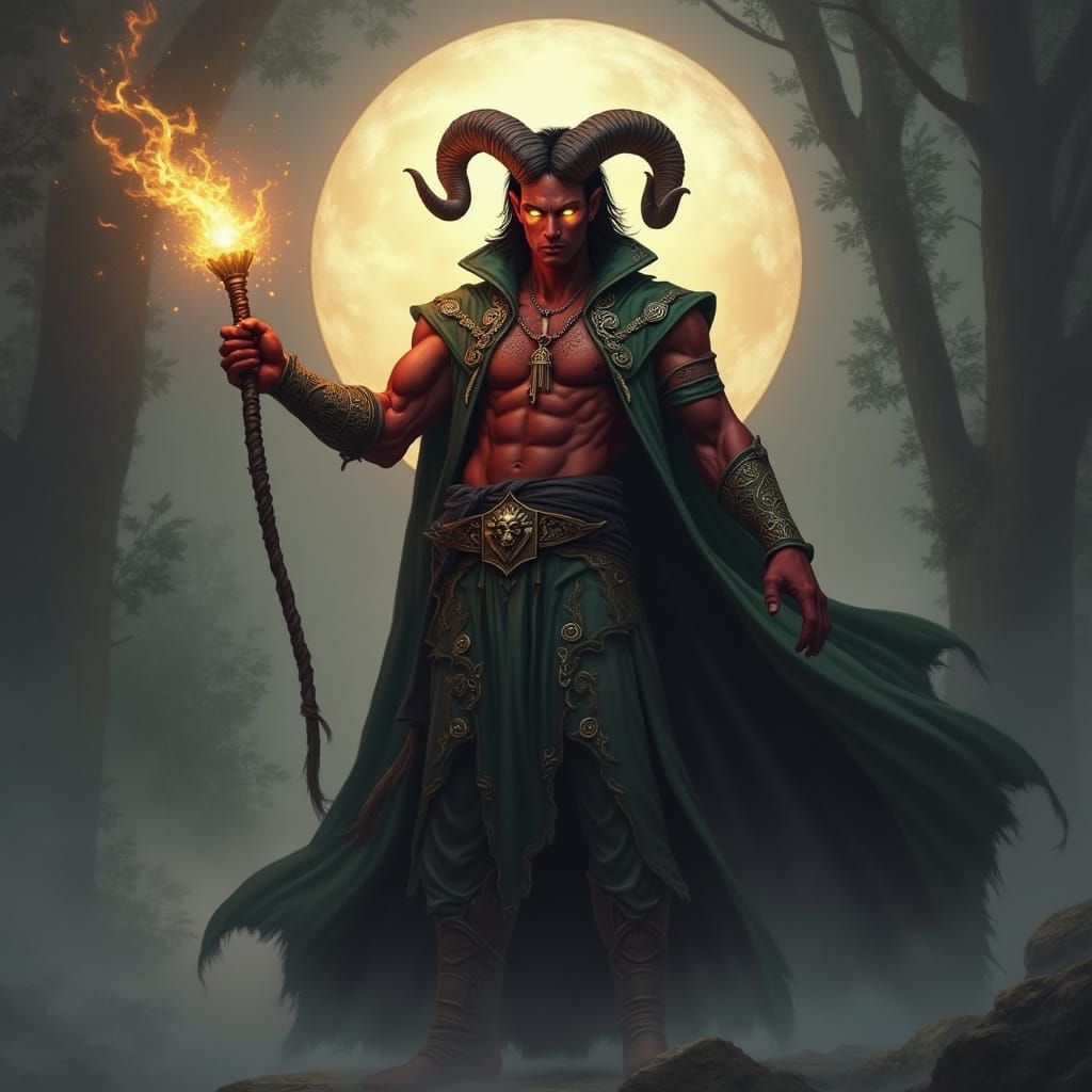 Tiefling Sorcerer with Ram Horns in Ethereal Mist