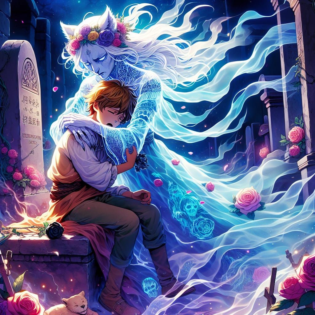 Ethereal Lynx Embraces Child: High Fantasy Anime Art
