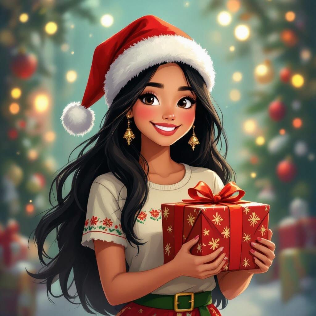 Latina Woman in Mexican T-Shirt and Christmas Hat Holding Gi...