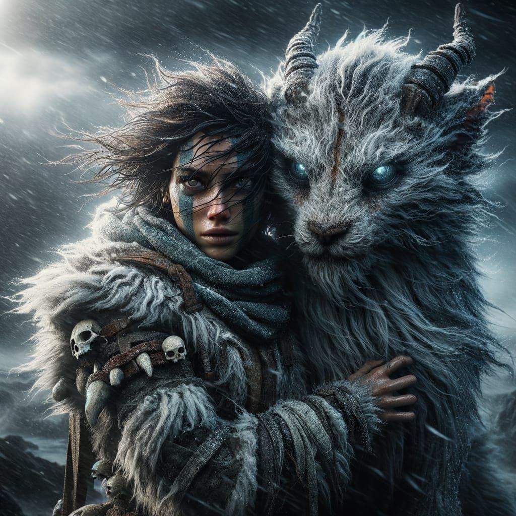 Fierce Woman Warrior Hugging Bioluminescent Creature