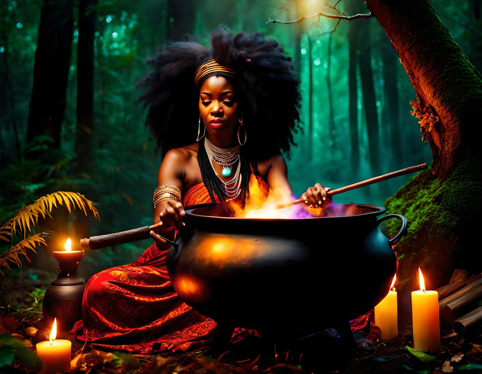Voodoo Priestess at Cauldron in Forest with Rich Colors