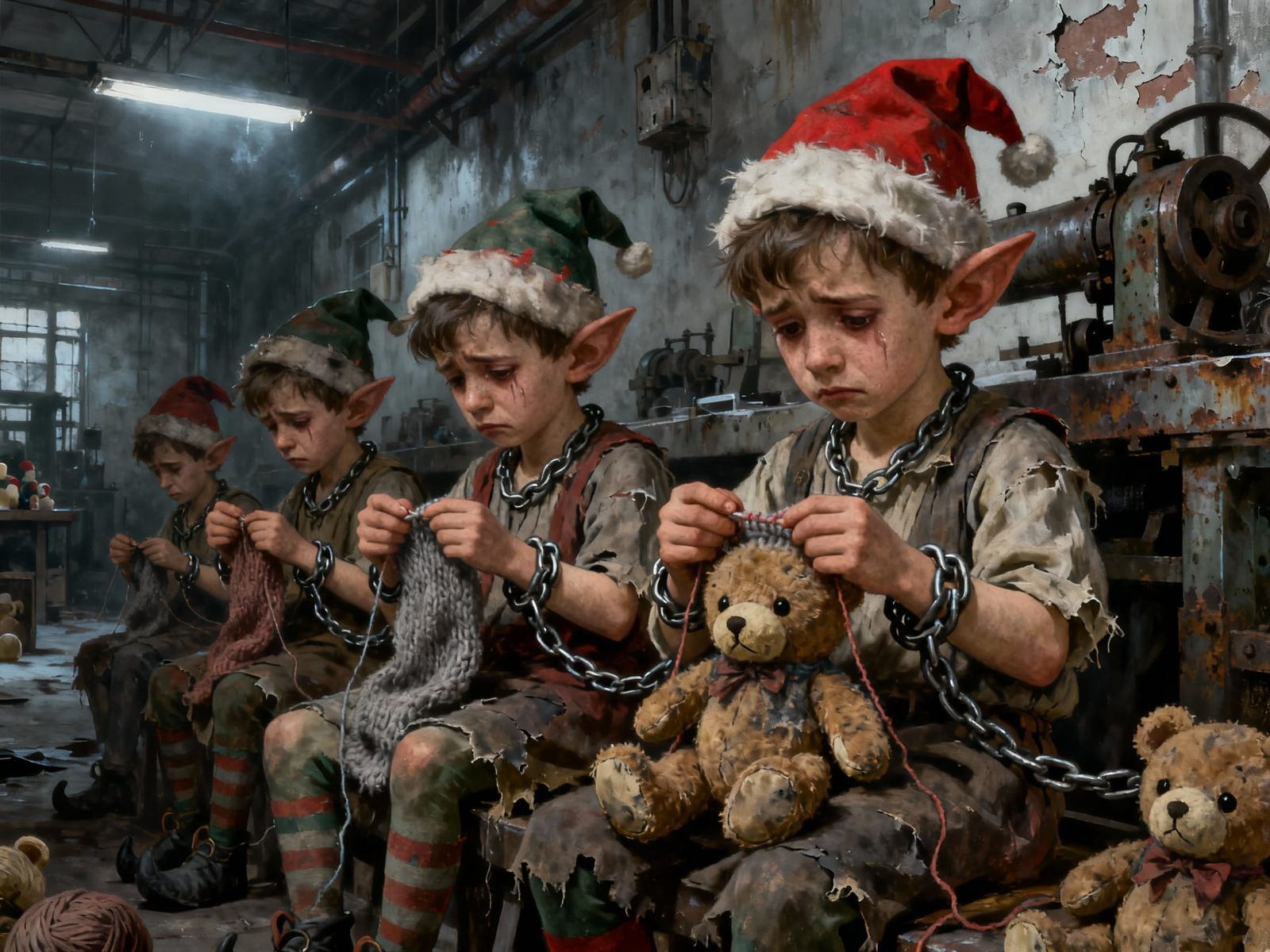Sad Elves in Dystopian Toy Factory Knitting