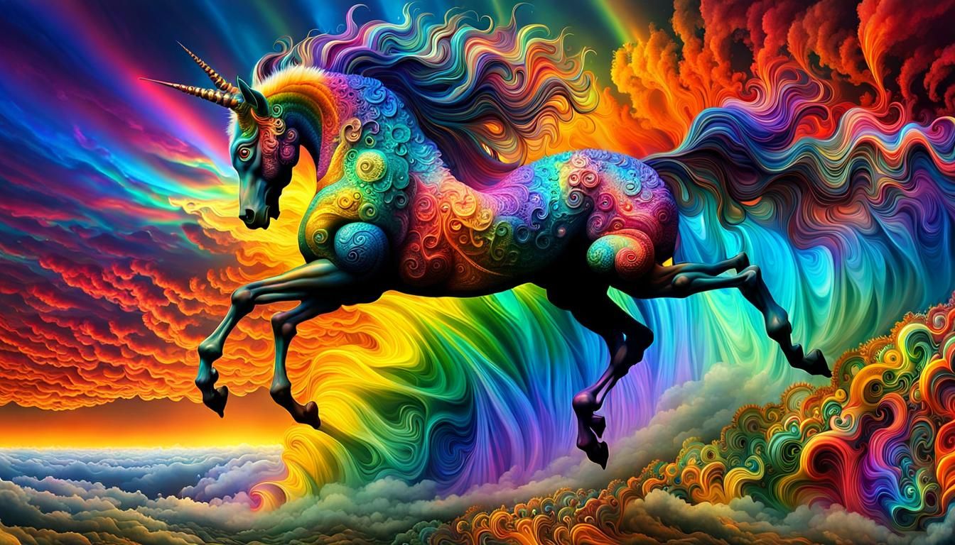 Steampunk Unicorn Leaping Through Fractal Rainbow
