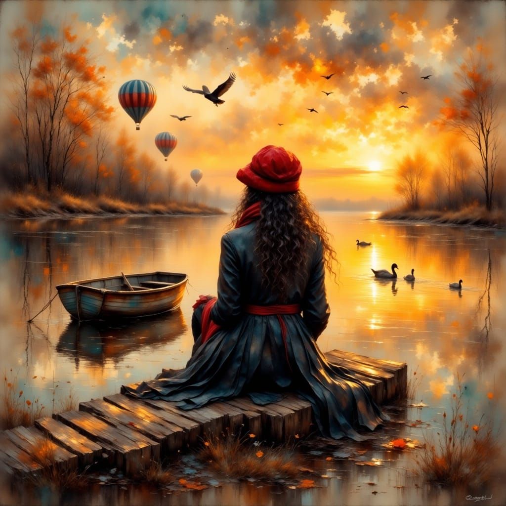 Sunset Jetty Scene with Woman and Animals