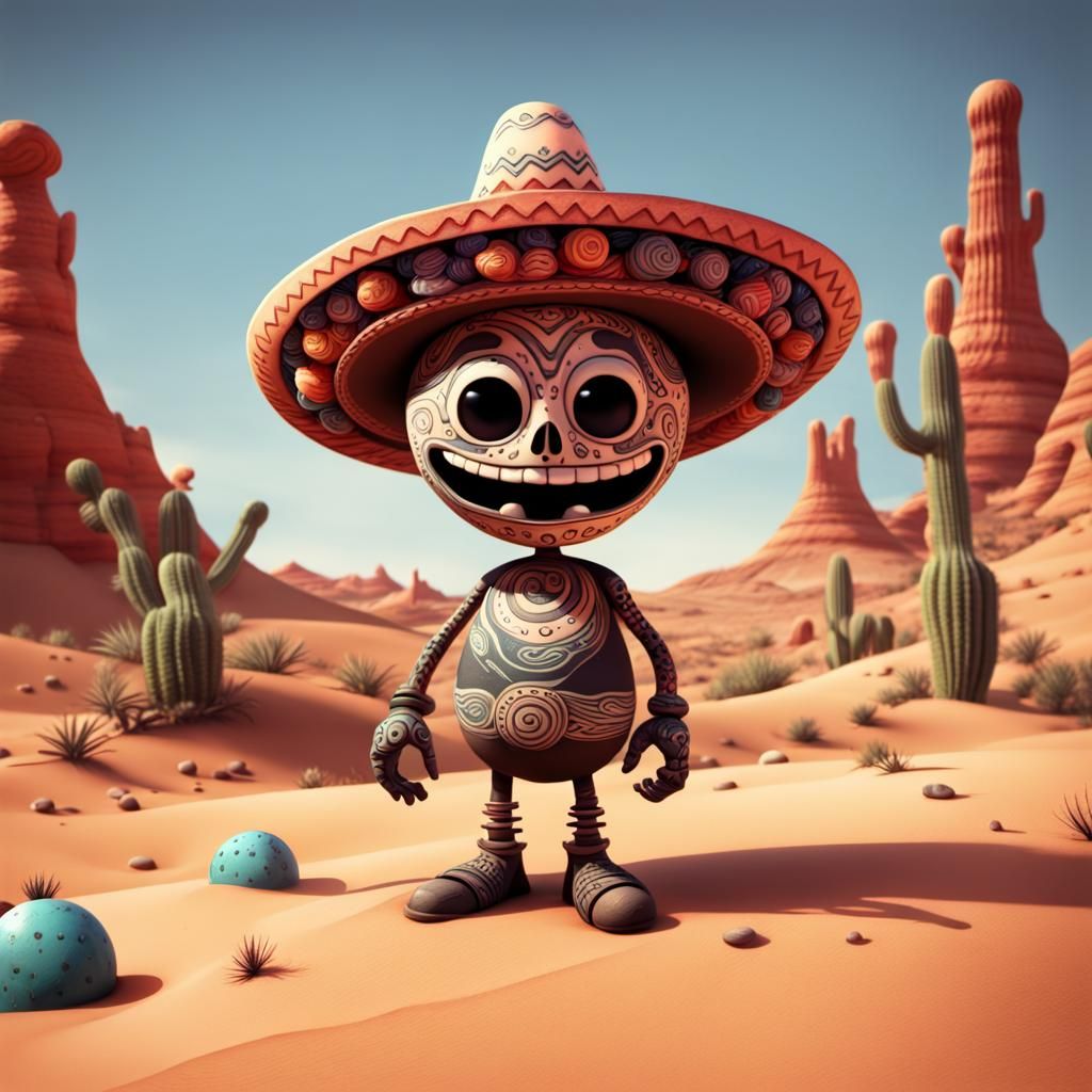 Cartoon Desert Planet with Tattoos and Sombrero