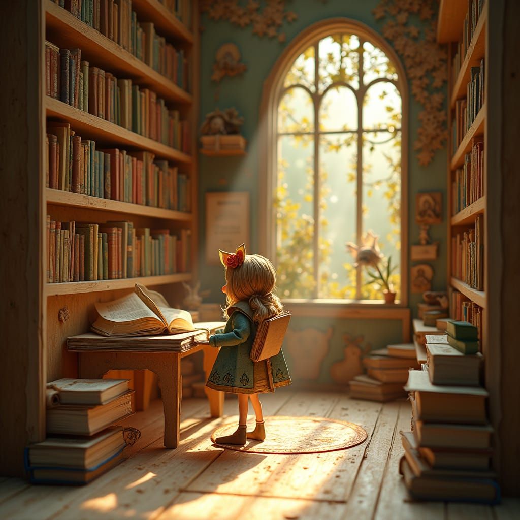 Whimsical Paper Library with Paper Doll Librarian