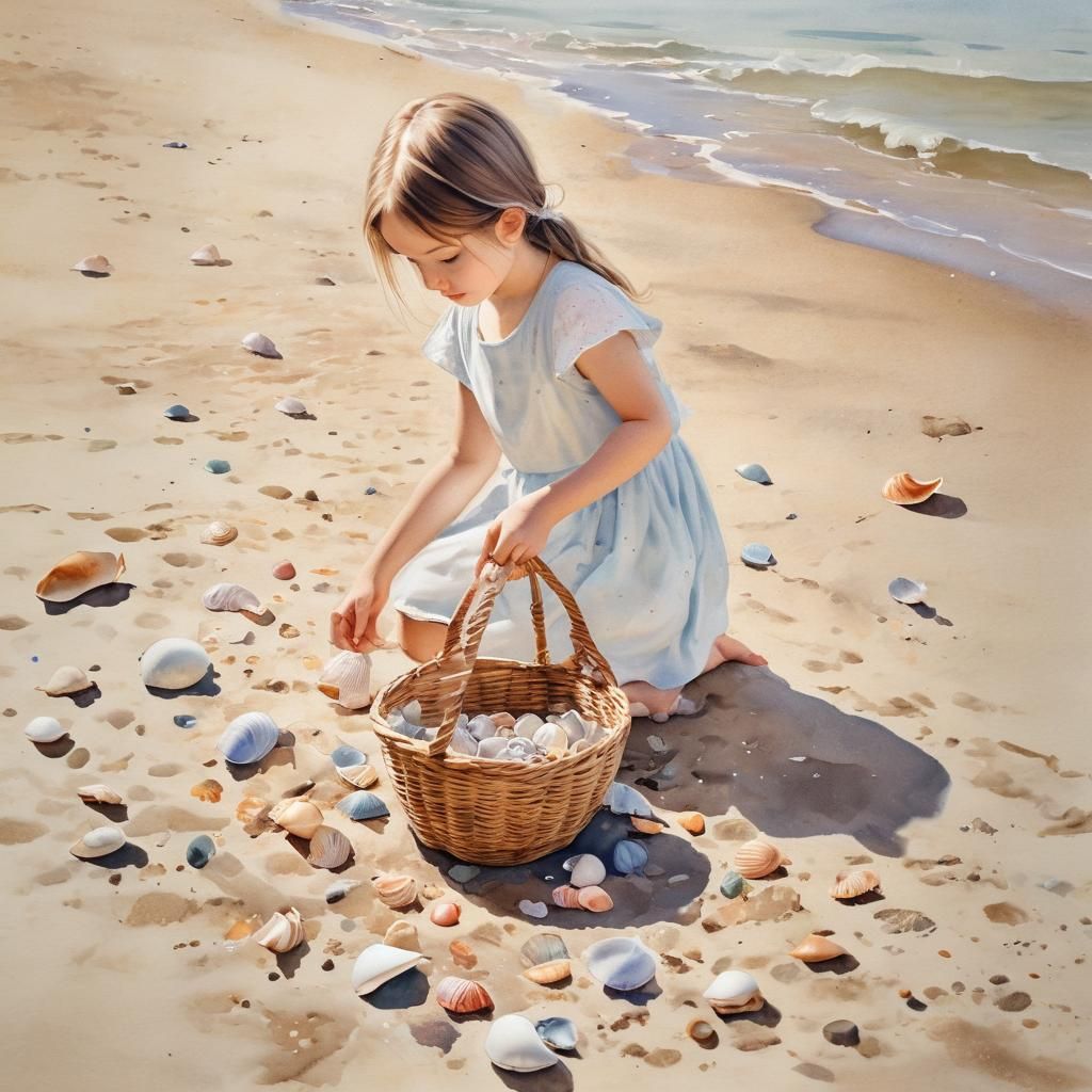 Impressionist Girl Collects Shells on Sunny Beach