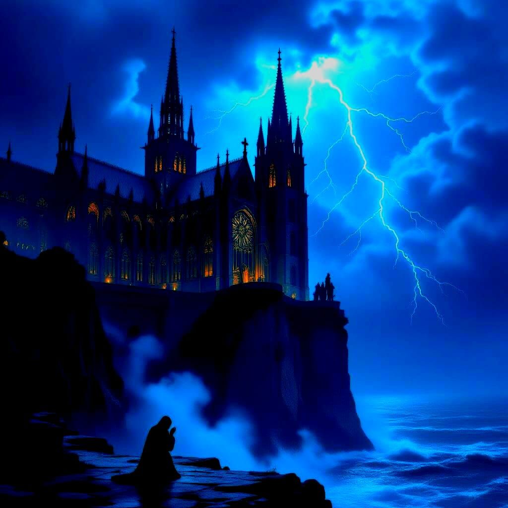 Gothic Cathedral Overlooking Stormy Sea in Dark Romanticism