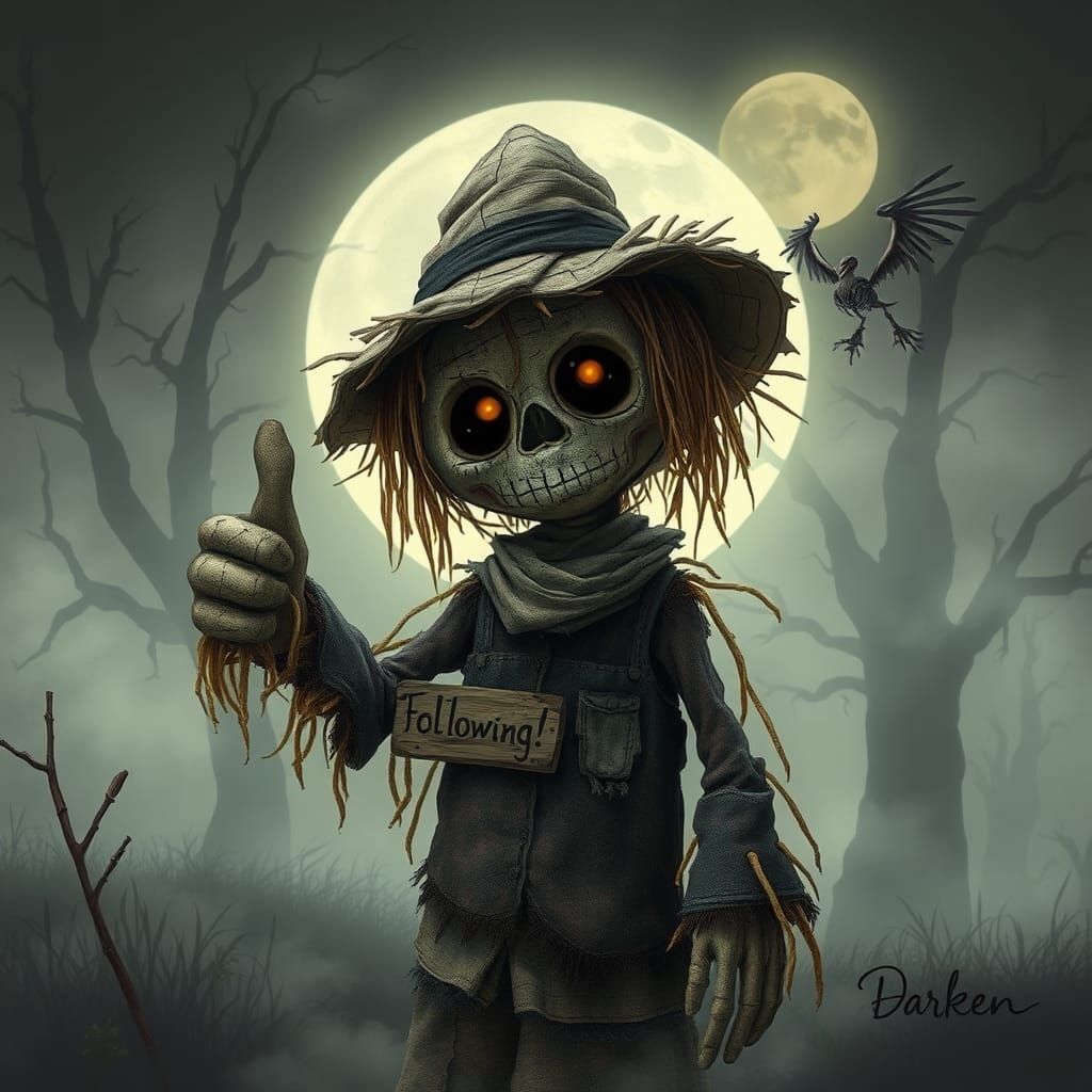 Macabre Scarecrow Gives Thumbs Up in Moonlight