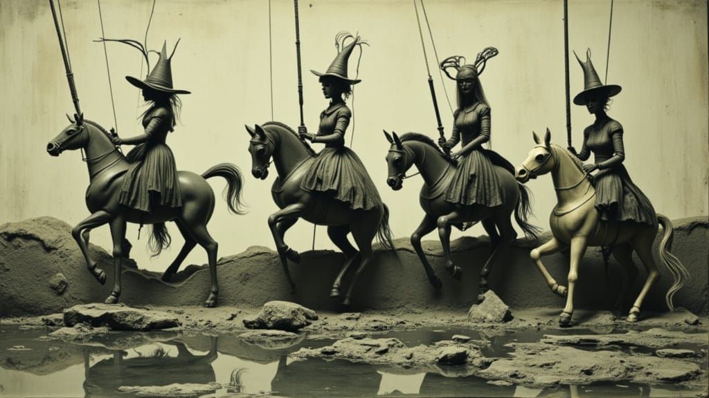 four horsegals <lora:CommediaFlux:1.0> <lora:AW Broken Photo...