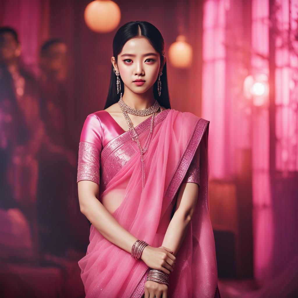 Kim Ji-soo in Pink Saree: Photorealistic Portrait