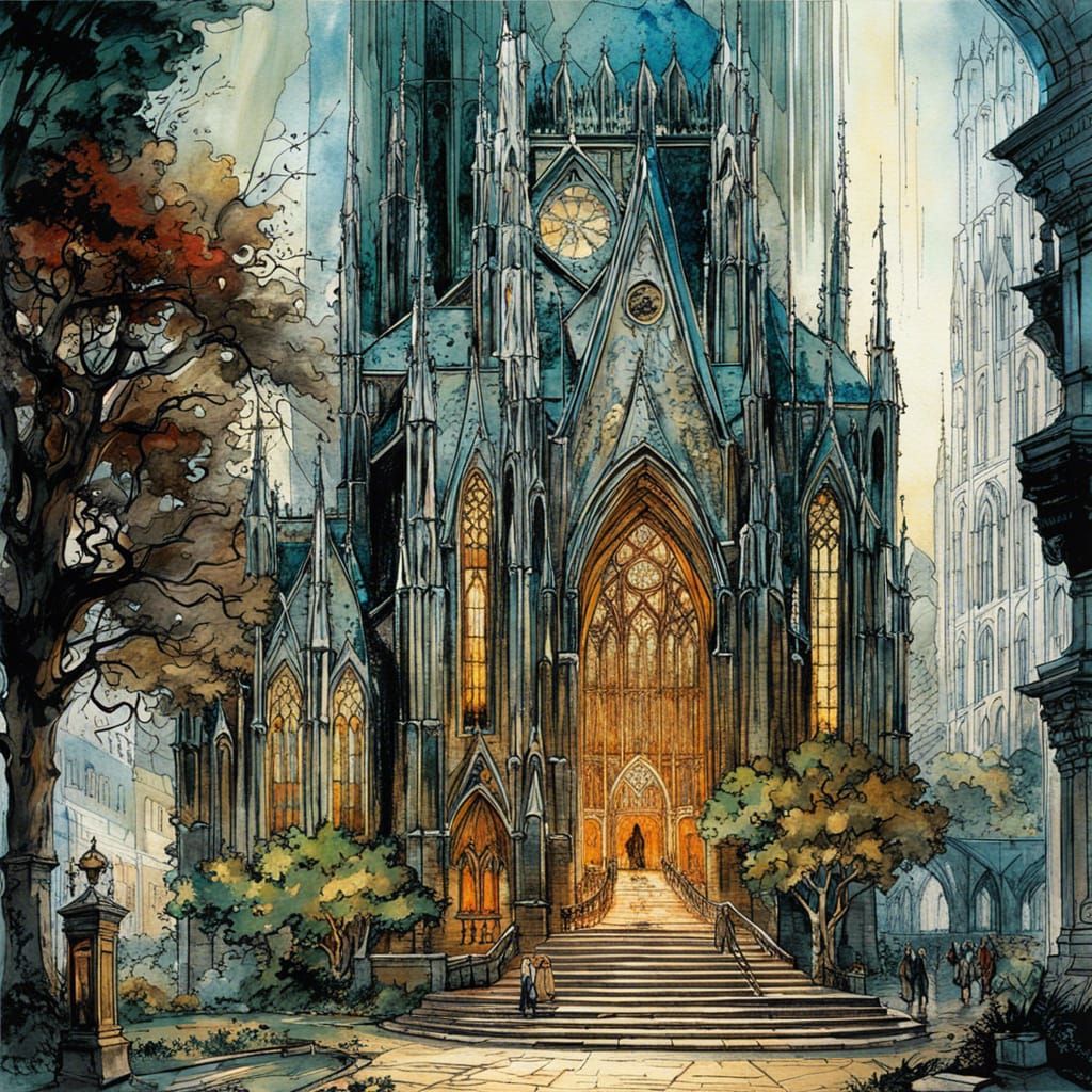 Futuristic Gothic Church in Lush City