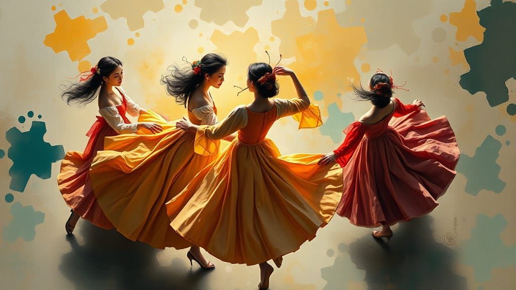 Korean Girls Dancing in Vibrant Dirndl Skirts with a Regency...