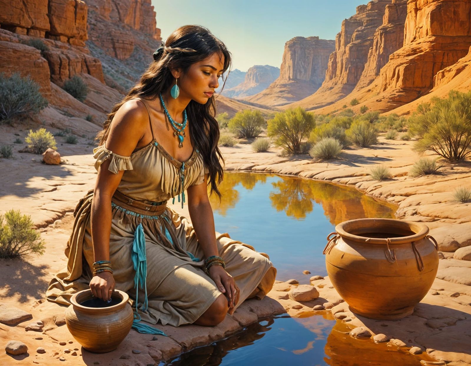Serenely Beautiful Apache Woman Fills Clay Pot at Desert Wat...