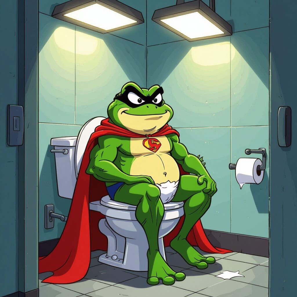 Frog Superhero on Toilet in Cartoon Style