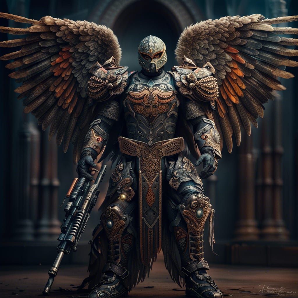Winged Angel Commando with Machine Gun in Ornate Armor
