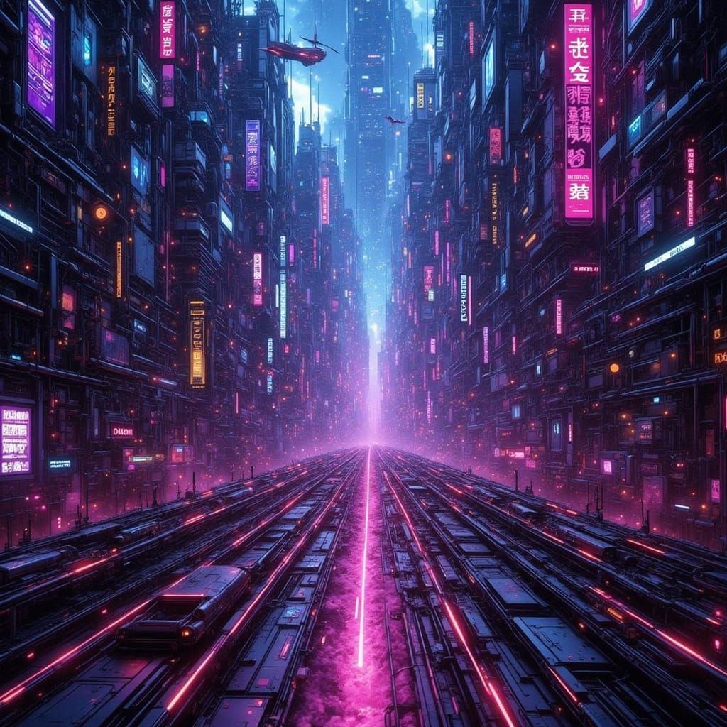 Futuristic Cyberpunk Cityscape in Vibrant Neon Lights