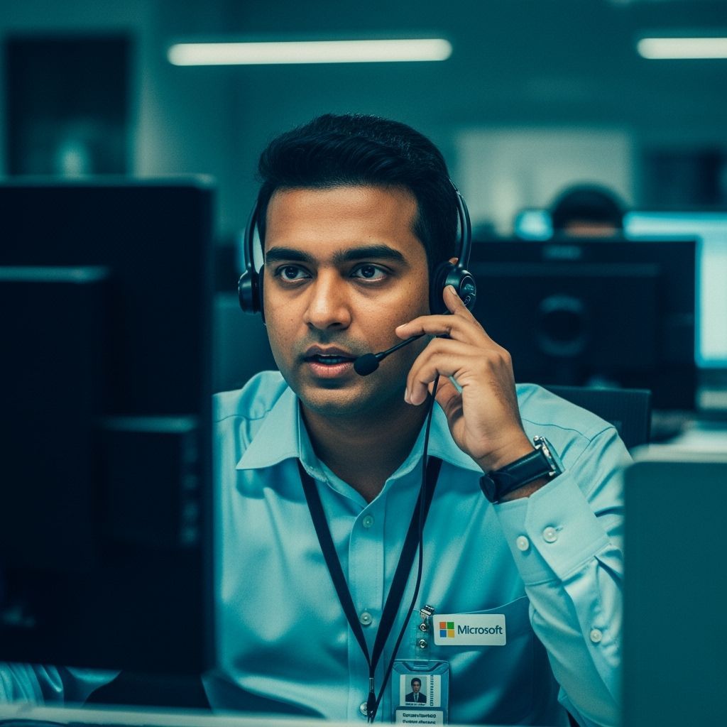 Cinematic Indian Call Center Worker with Microsoft Badge