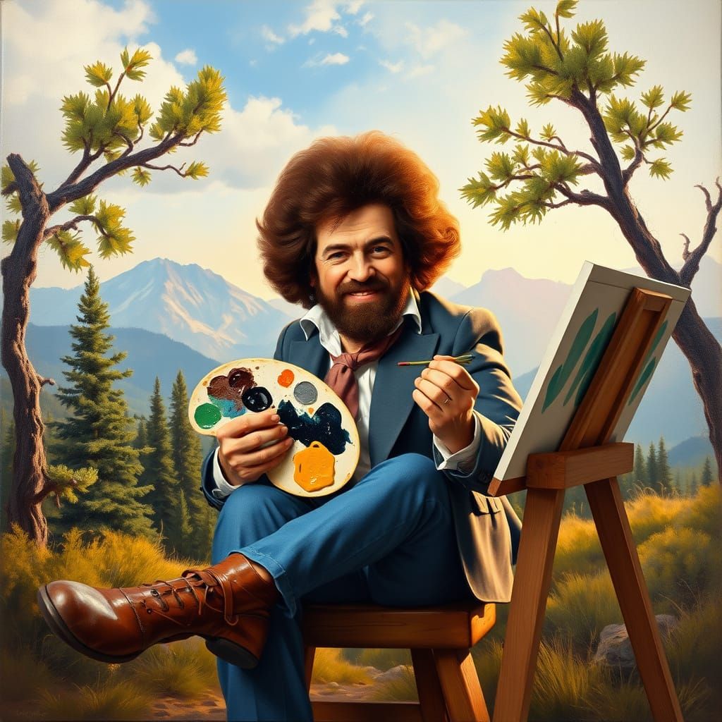 Beethoven with Bob Ross Wig Amidst Happy Little Trees