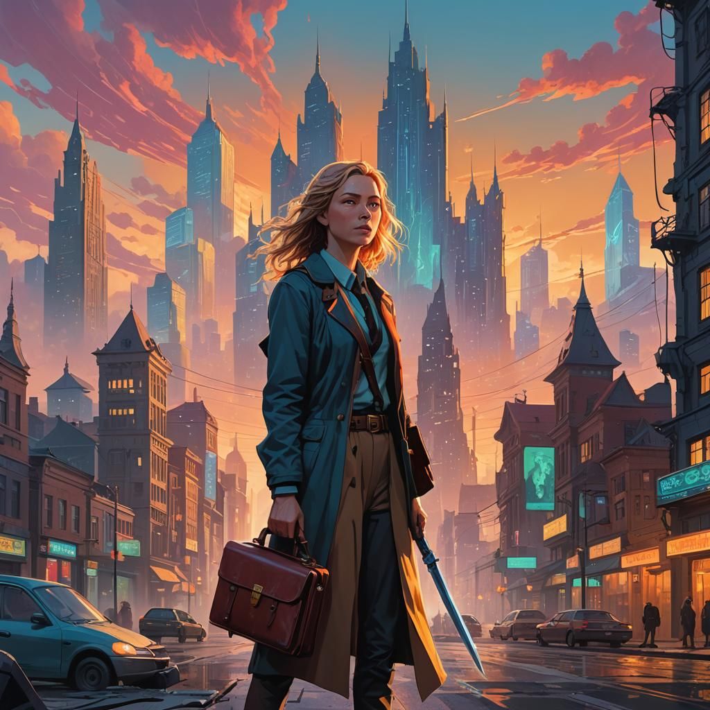 Mystical Cityscape: Confident Woman with Sword