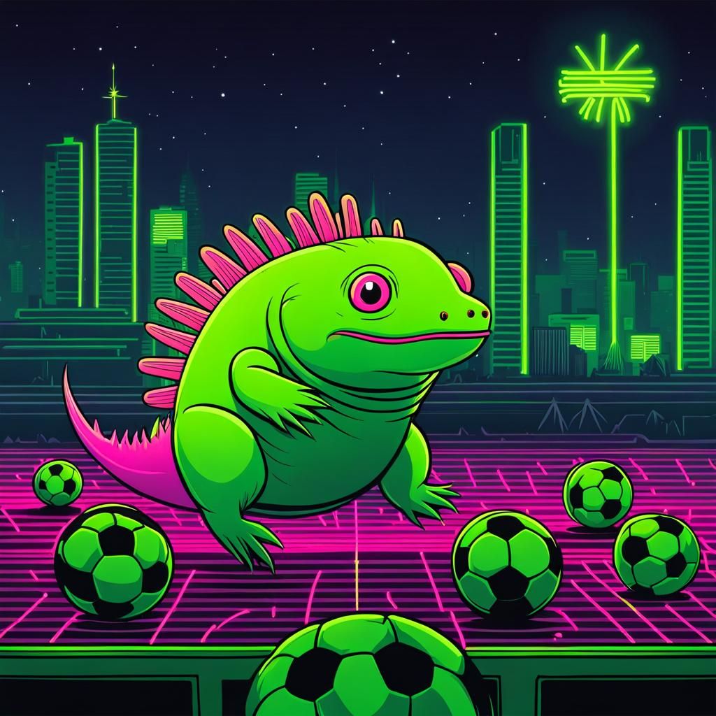Neon Cartoon Axolotl Plays Soccer in Tenochtitlan