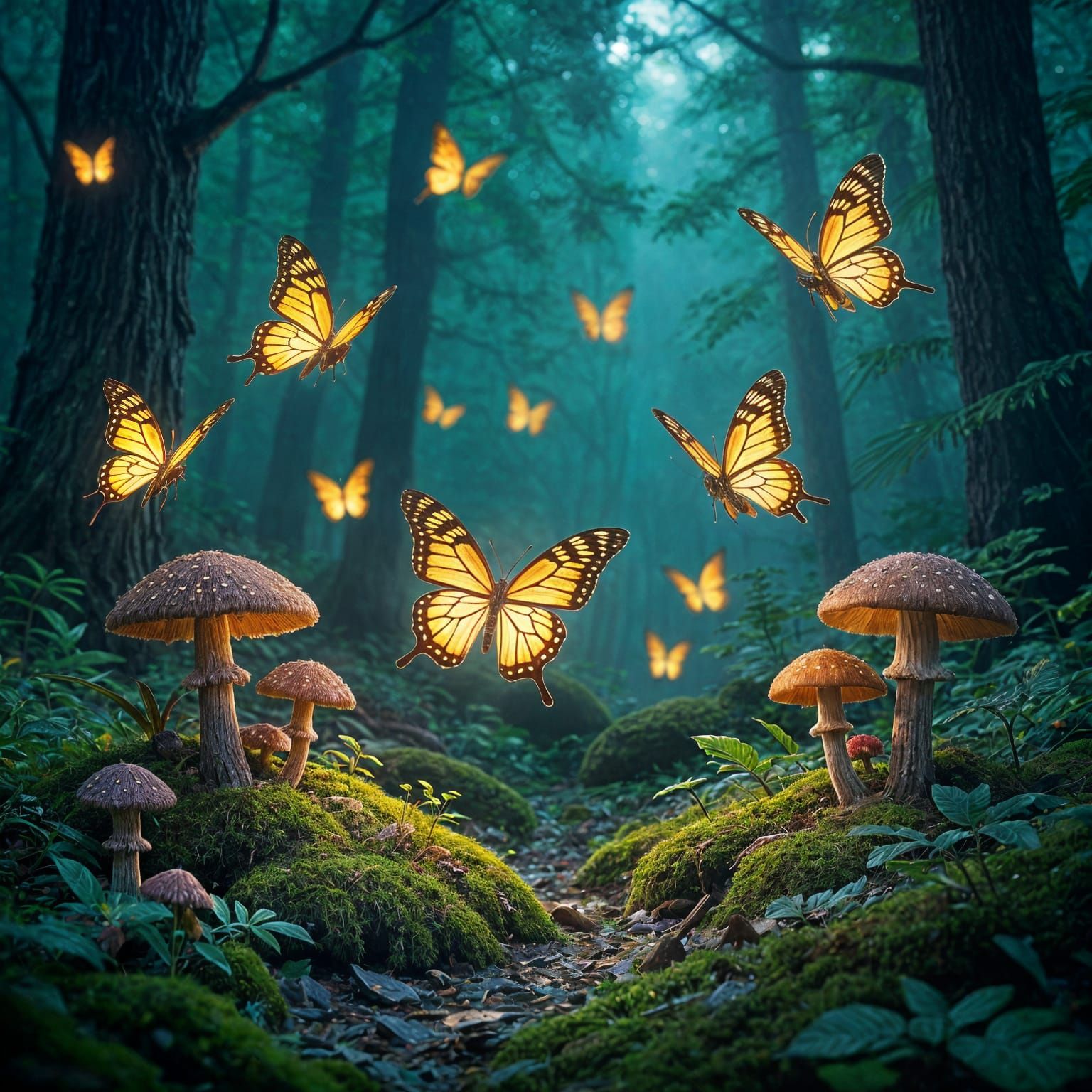 Bioluminescent Butterflies in Enchanted Forest, Hyperrealist...