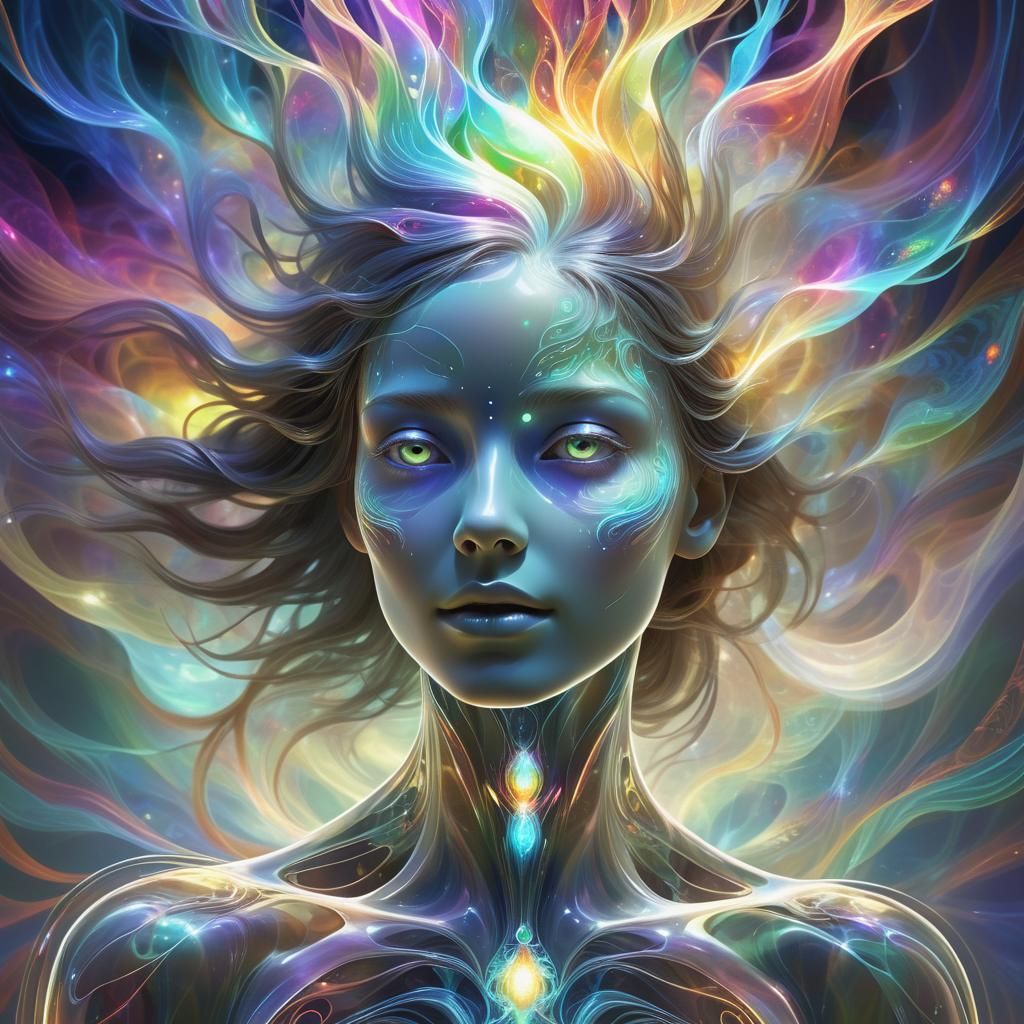 Luminous Translucent Woman in Bioluminescent Field