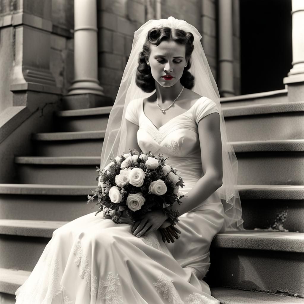Crying Bride in 1940s Wedding Dress, Black and White