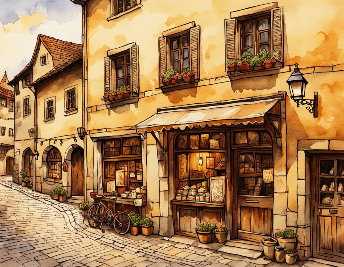 Cozy Medieval Shop in Vintage Watercolor Style