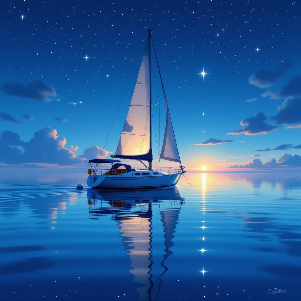 Sailboat on Glassy Sea Reflecting Starlight, Hyperrealistic ...