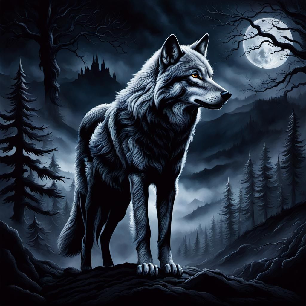 Wolf in Dark Mystical Landscape: Hyperdetailed Masterpiece
